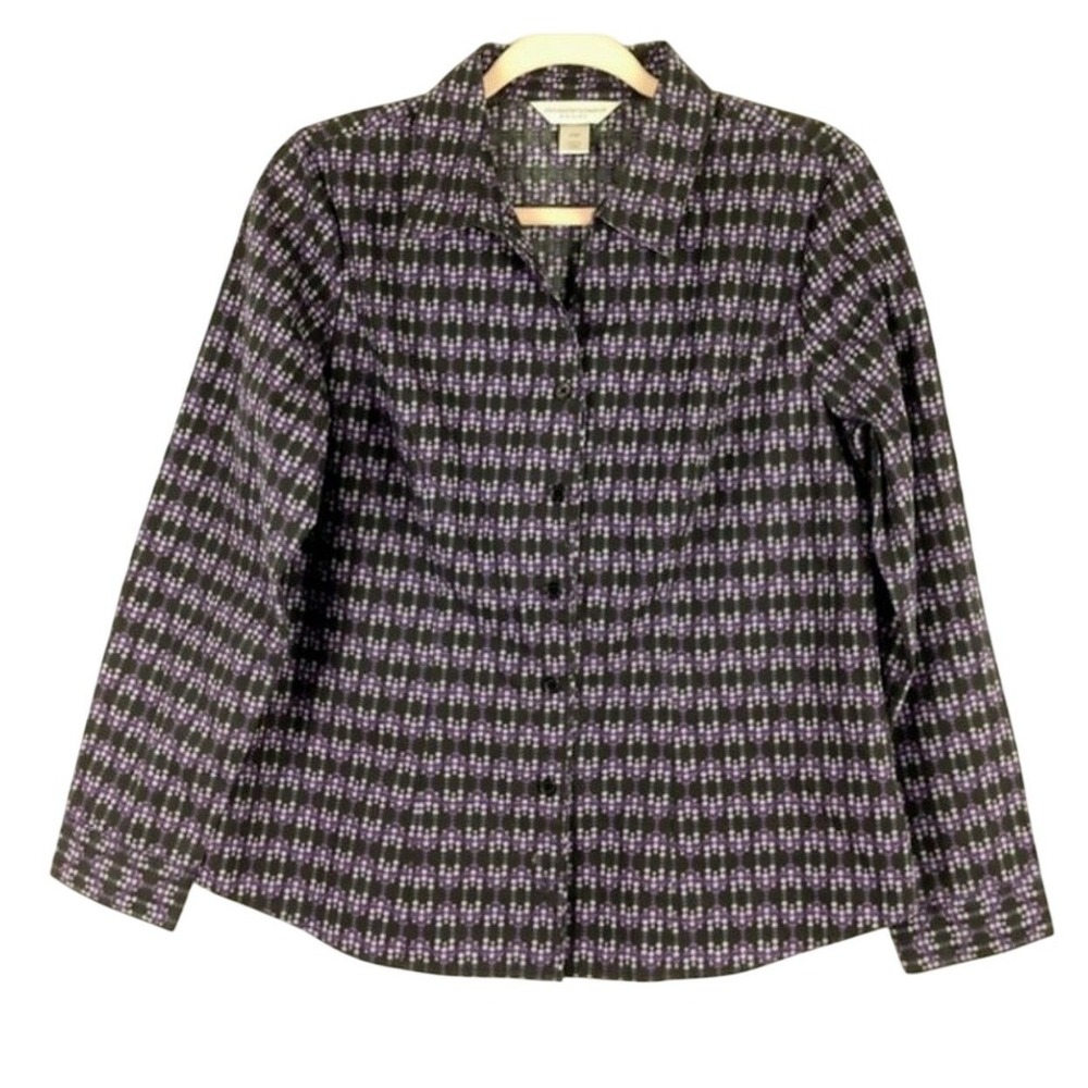 Christopher & Banks Button Down Womens PM Purple Gray Geometric Dot Long Sleeve - Picture 1 of 5